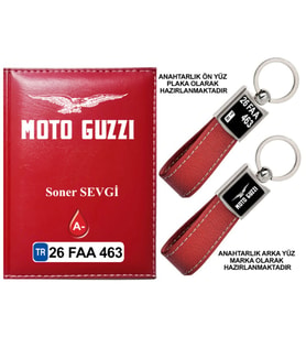 Plakanıza Özel Motoguzzi Logolu Kırmızı Ruhsat Kabı ve Anahtarlık