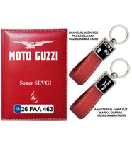 Plakanıza Özel Motoguzzi Logolu Kırmızı Ruhsat Kabı ve Anahtarlık