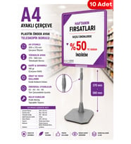 10 Adet - A4 Ayaklı Fiyat Etiketlik Teleskopik Borulu Çerçeve Etiketlik Yönlendirme Levhası Menü Panosu Mor
