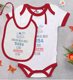 BK Kids Masal Anlat Baba Tasarımlı Kırmızı Bebek Body Zıbın ve Mama Önlüğü Hediye Seti-1