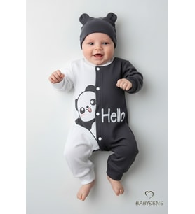 Panda Baskılı Bebek Tulum & Şapka Seti,Renk Bloklu,Çıtçıtlı Uzun Kollu Yenidoğan Tulumu ,%100 Pamuk (Beyaz-Gri)
