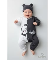 Panda Baskılı Bebek Tulum & Şapka Seti,Renk Bloklu,Çıtçıtlı Uzun Kollu Yenidoğan Tulumu ,%100 Pamuk (Beyaz-Gri)
