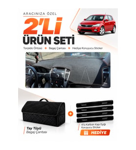 KİA CEED (2006-2012) Uyumlu Torpido Örtüsü + Tay Tüyü Bagaj Çantası + Sticker Seti - Siyah