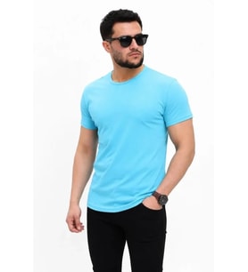 Erkek Basic Tişört Bisiklet Yaka Kısa Kol Günlük Yazlık Slim Fit T-Shirt - Açık Mavi