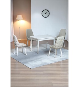 Still Beyaz Sunta 70x110 Sabit Mutfak Masası Takımı Beyaz Metal Ayak 4 Krem Sandalye