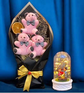 Pembe Peluş Ayıcıklı Büyük Boy Ayıcık Buketi ve Led Işıklı Tasarım Fanus  Ayıcık Buketi (Model 7)