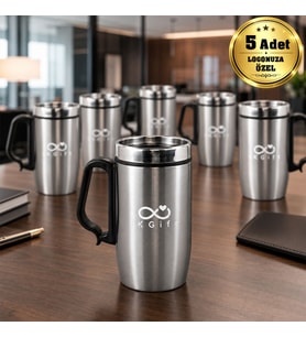 Logonuza Özel 5 Adet 5304 Çelik Kupa 240 ml Kilitli Kapaklı Kurumsal Termos Mug