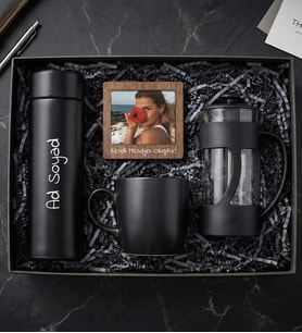 Kişiye Özel 450mL Dereceli Termos & Ahşap Çerçeve & French Press & Siyah Kupa Hediye Seti