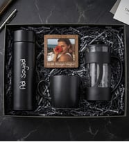 Kişiye Özel 450mL Dereceli Termos & Ahşap Çerçeve & French Press & Siyah Kupa Hediye Seti