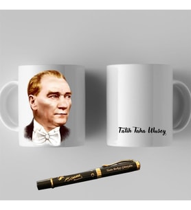 Kişiye Özel Mustafa Kemal Atatürk Resimli Kupa Bardak ve Kalem Hediye Seti