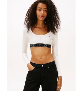 Tommy Hilfiger TJW Kısa Şerit Detaylı Uzun Kollu Fitilli Kadın Beyaz Büstiyer DW0DW22538YBH