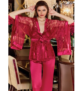 Jeremi 2634 Saten 3'lü Dantelli Pijama Takımı (Fuşya)