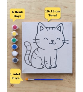 Sevimli Kedi Baskılı Tuval Boyama Aktivite Seti 19x19 Cm (Tuval, Fırça ve 6 Renk Akrilik Boya Seti)