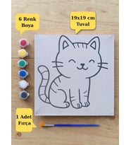 Sevimli Kedi Baskılı Tuval Boyama Aktivite Seti 19x19 Cm (Tuval, Fırça ve 6 Renk Akrilik Boya Seti)
