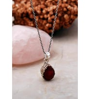 Kök Yakut Taşlı Elişi Damla Gümüş Kolye 6820 (Bordo)