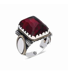 ​Gümüş Bordo Zirkon Taşlı Kare Erkek Yüzük (Çok Renkli)