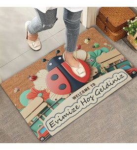 Valerine Life Uğur Böceği ve Kırmızı Vosvos Evimize Hoş Geldiniz Kapı Önü Paspası 45x70cm