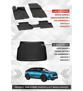 Sahler Peugeot 3008 2024+ Hybrid Uyumlu 4.5D Premium Havuzlu Oto Paspas ve Liner Marka 3D Alt Bagaj Havuzu