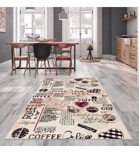 Bej Renkli Coffee Ve Kalp Temalı Yıkanabilir Kaymaz Taban Leke Tutmaz Modern Salon Halısı ve Yolluk