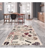 Bej Renkli Coffee Ve Kalp Temalı Yıkanabilir Kaymaz Taban Leke Tutmaz Modern Salon Halısı ve Yolluk