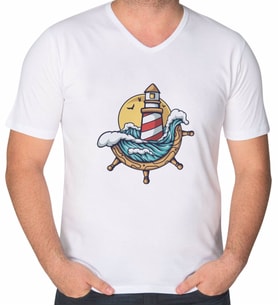 BK Gift Deniz Feneri Tasarımlı V Yaka Tişört-1 (Beyaz)