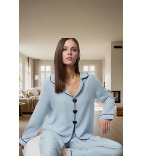 2'li Kalp Detaylı Viskon Pijama Takımı; Rahat ve Şık Kışlık Seçkin Malzeme Premium Kalite (Açık Mavi)
