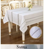 Sahra Krem 160x260 cm Dantelli Ajurlu Keten Masa Örtüsü Yemek Masası Dekoru