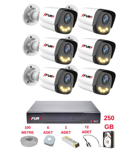 FURY 6 Kameralı 4 Warm Led Gece Renkli Görüş-Cepten İzle-Su Geçirmez Güvenlik Kamerası Seti 250GB