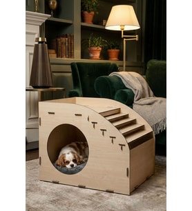 Ahşap Köpek Kulübesi Dekoratif Köpek Evi Açık Meşe Renk Merdiven Oval Model