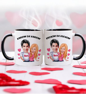BK Gift Kişiye Özel Karıcım-Kocacım Karikatürlü İkili Siyah Kupa Bardak -1, Sevgililer Günü, Sevgiliye Hediye