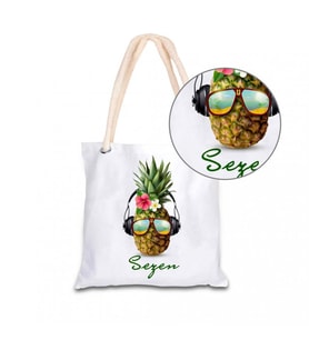 Kişiye Özel İsim Baskılı Ananas Temalı Bez Kol Çantası 40x40 cm HK2432 (Beyaz)