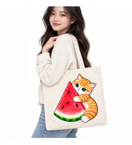 Karpuz Dilimine Sarılan Kedi Baskılı Kanvas Çanta 35x40 cm – 260 Gr