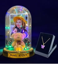 Kişiye Özel Renkli Led Işıklı Fanus ve Kelebek Kolye Hediye Seti (Model 9)