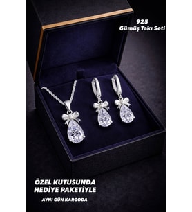 925 Ayar Damgalı Gümüş Kaplama Fiyonk Detaylı Damla Kesim Taşlı  Kolye Küpe Takı Seti (Silver)