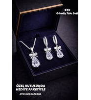 925 Ayar Damgalı Gümüş Kaplama Fiyonk Detaylı Damla Kesim Taşlı  Kolye Küpe Takı Seti (Silver)