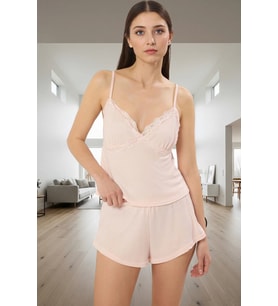 Kadın Pamuklu Dantel Detaylı Pijama Takımı Rahat Ev Giyim Ve Şık Kullanım (Pembe)