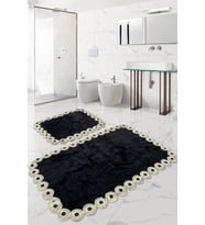 Gülruba Köşeli Siyah Çeyizlik Dantelli 2'li Banyo Paspası Seti Kaymaz Tabanlı 
