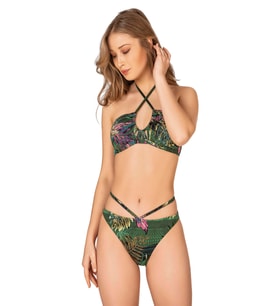 Endeep Kadın Yeşil Yaprak Desenli Parıltılı Tünelli Bikini Takımı