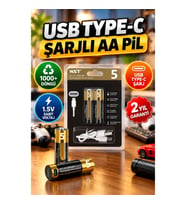 USB Type-C Şarj Edilebilir AA Lityum Pil – 1.5V Sabit Voltaj, 1000+ Şarj Döngüsü