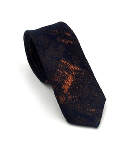 Bej Kahverengi Desenli Lacivert Dokuma Kumaş Mendilli Slim Fit Kravat // SDK-2608-6