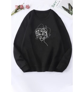 Unisex Woman One Line Baskılı Bisiklet Yaka Sweatshirt (Siyah)