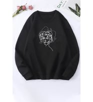 Unisex Woman One Line Baskılı Bisiklet Yaka Sweatshirt (Siyah)