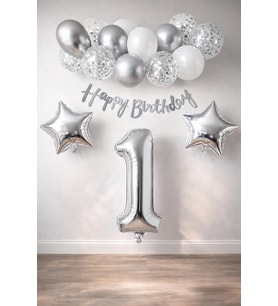 Konsept Dogum Gunu Kutlama Seti Beyaz Gumus Konfetili Balon Rakam Yıldız Folyo ve Banner (1 Yaş)