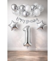 Konsept Dogum Gunu Kutlama Seti Beyaz Gumus Konfetili Balon Rakam Yıldız Folyo ve Banner (1 Yaş)