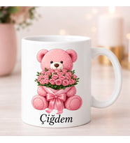 İsme Özel Güllü Ayıcık Tasarımlı Kupa Bardak Kişiye Özel Hediyelik Kahve Kupası