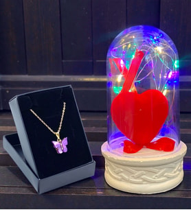 Renkli Led Işıklı Tasarım Fanus ve Mor Kelebek Kolye Hediye Seti (Model 4)