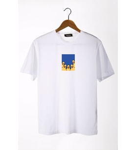 Unisex Beyaz Bisiklet Yaka Önü Ducks Baskılı Oversize T-Shirt 22Y-3400762-66