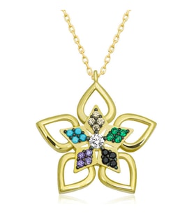 ?Gümüş Gold Renkli Taşlı Çiçek Kadın Kolye (Karışık)