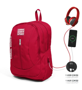 Coral High Sport Kırmızı USB Şarjlı Kulaklık Çıkışlı Dört Bölmeli Sırt Çantası 23451
