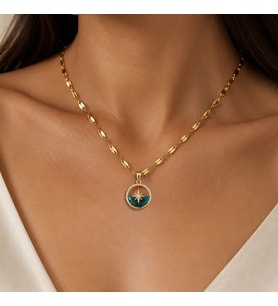 BK Gift Pusula Yıldız Figürlü Mavi Taşlı Kadın Kolye - Kararma Yapmayan Gold Çelik Kolye